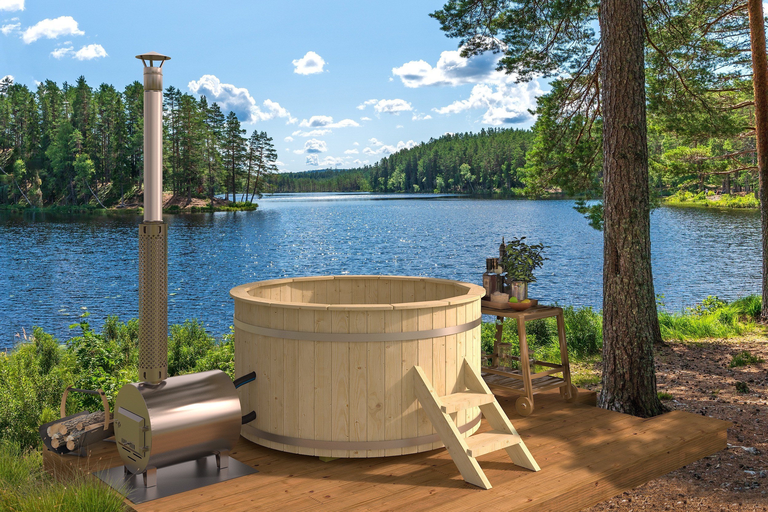 Bañera nórdica 160 con estufa externa y acabado en abeto